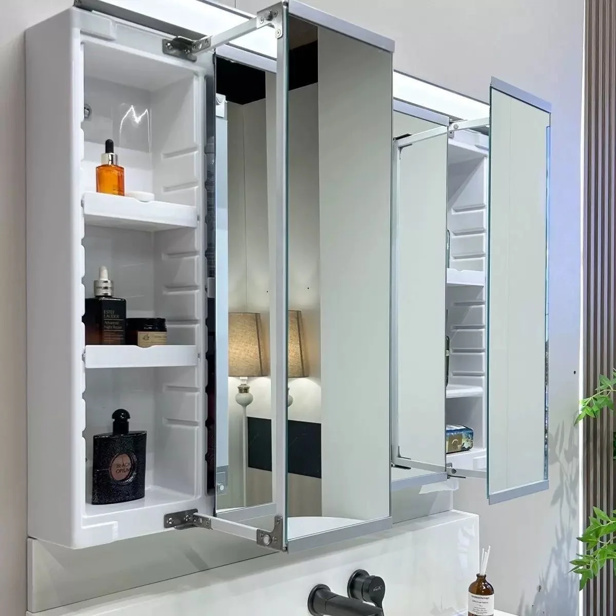 Three-fold Waterproof Smart Mirror Cabinet With Socket Movable Laminate Bathroom Locker Washstand Vanity Mirror