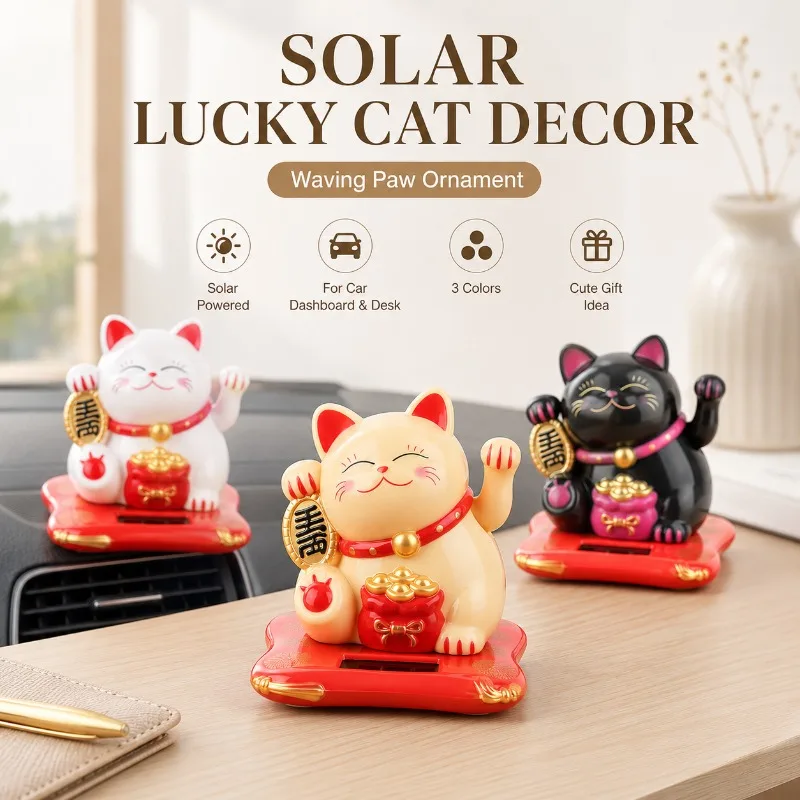 Solarbetriebene Maneki Neko Glückskatze Deko, Automatisch winkende Pfote Auto-Armaturenbrett-Ornament für Schreibtisch, Laden, Theke, Eröffnungsgeschenk, niedliche Figur