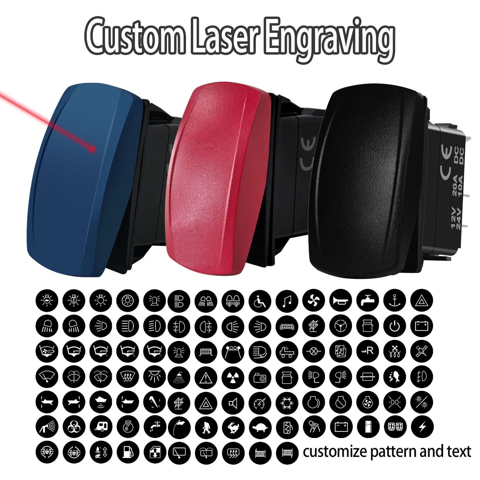 Custom Dual LED Rocker Switch 12V/24V Waterproof ON-OFF/ON-OFF-ON for Laser Etching - Replacement for Car Boat Yacht Tractor ATV