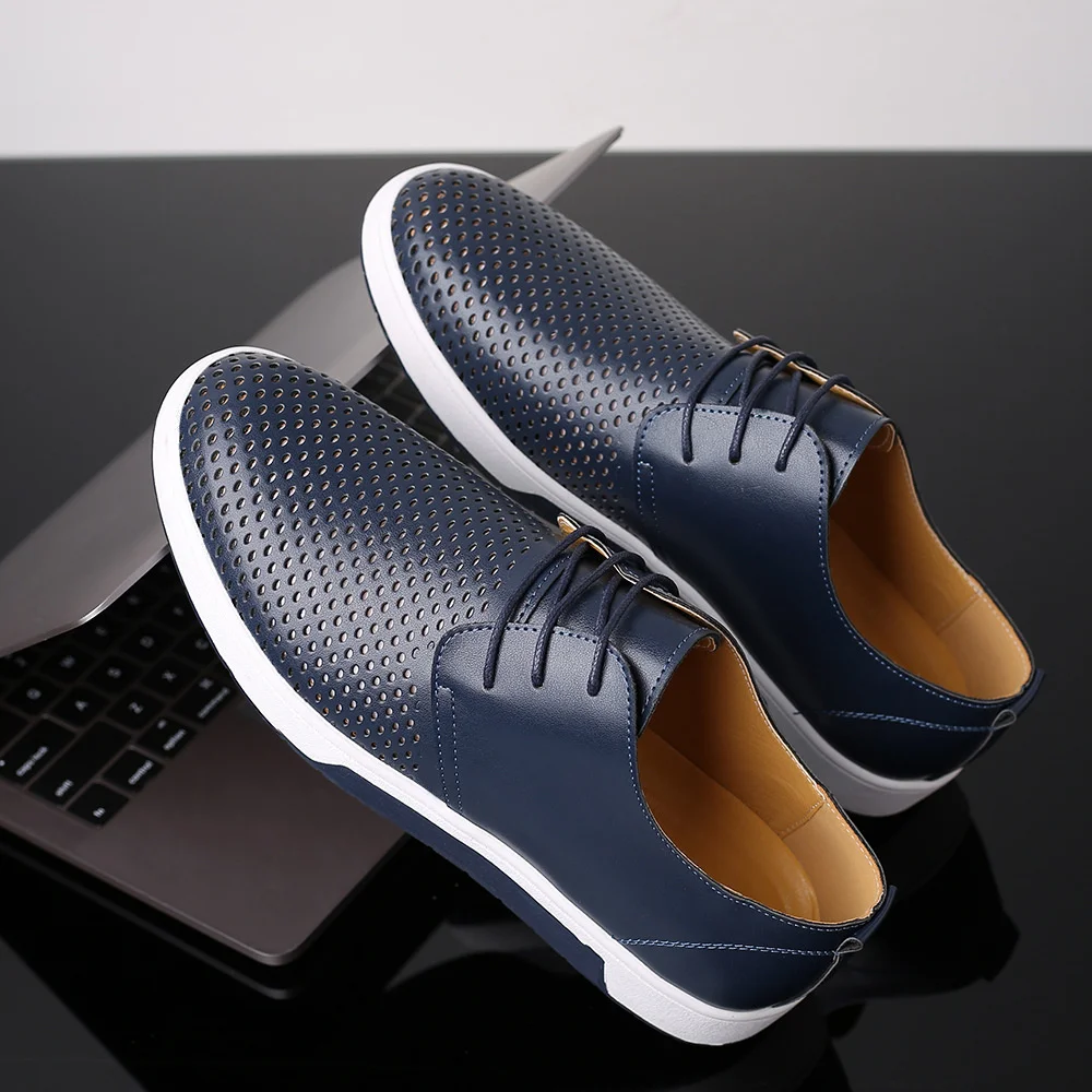 Board Large Hollow Out Perforated Men Genuine Leather Casual Walking Male Shoes Breathable Mesh Summer Lage Fashion