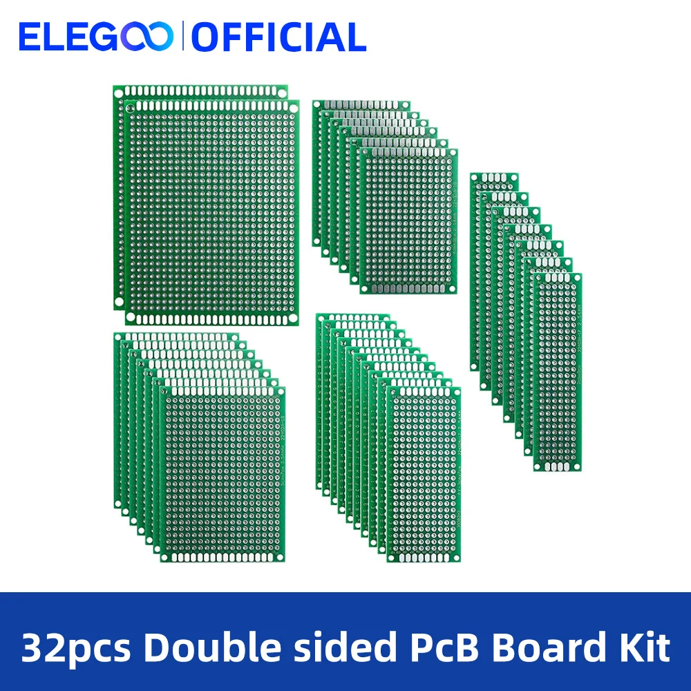 ELEGOO 32 Pcs Double Sided PCB Board Prototype Kit for DIY Soldering with 5 Sizes Compatible with Arduino Kits