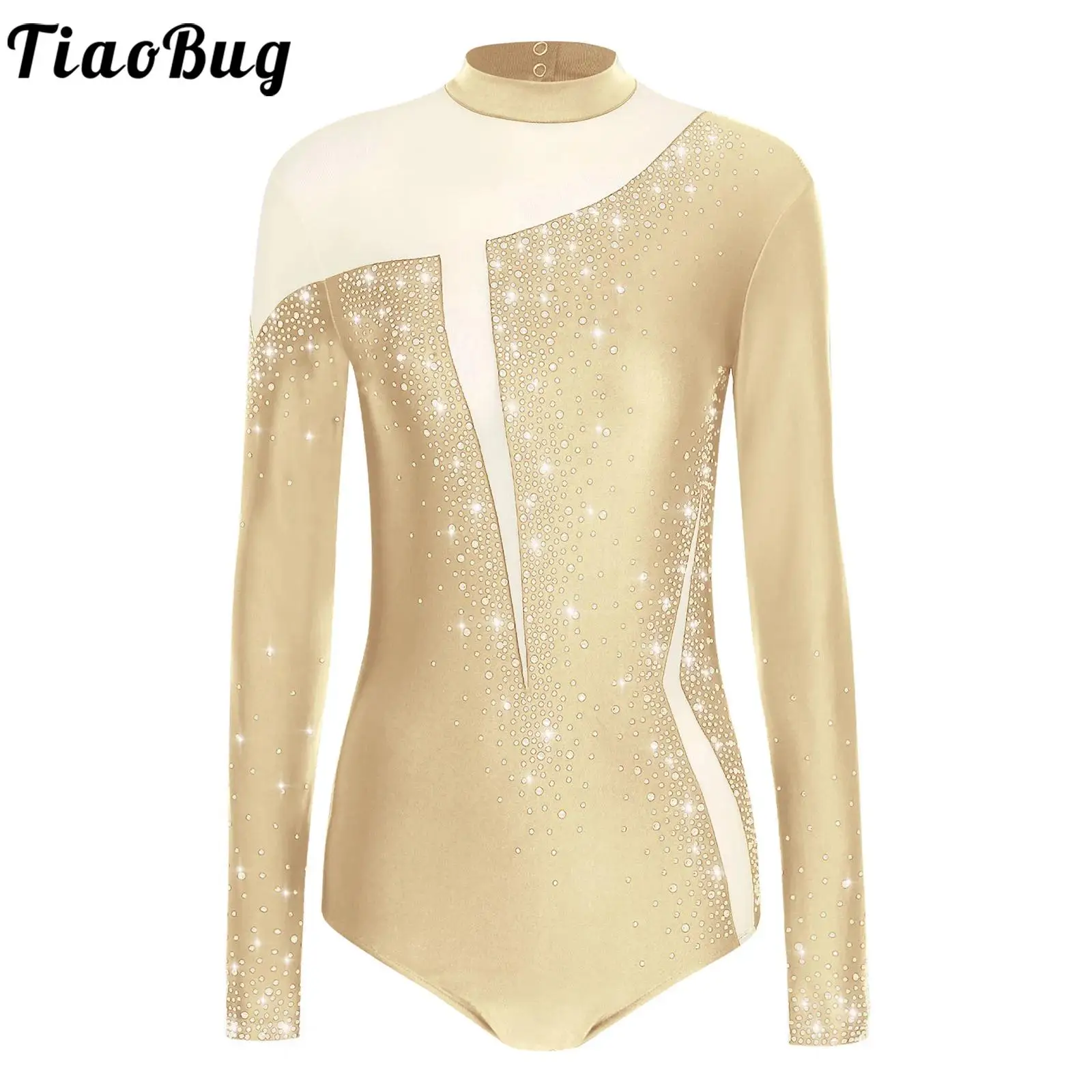 Womens Rhinestones Rhythmic Gymnastics Leotards Ballet Unitard Long Sleeves Workout Bodysuit Figure Skating Performance Clothes
