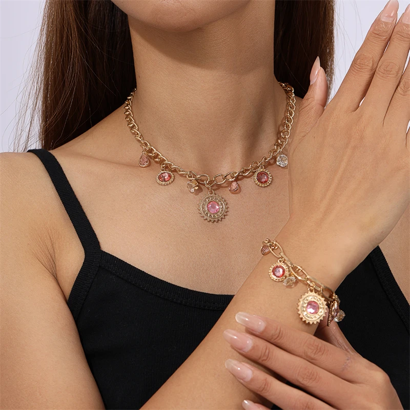 

Classic Red Crystal Stone Pendant Necklace Bracelet Jewelry Set for Women Girls Party Festival Gift DIY Jewelry Decoration