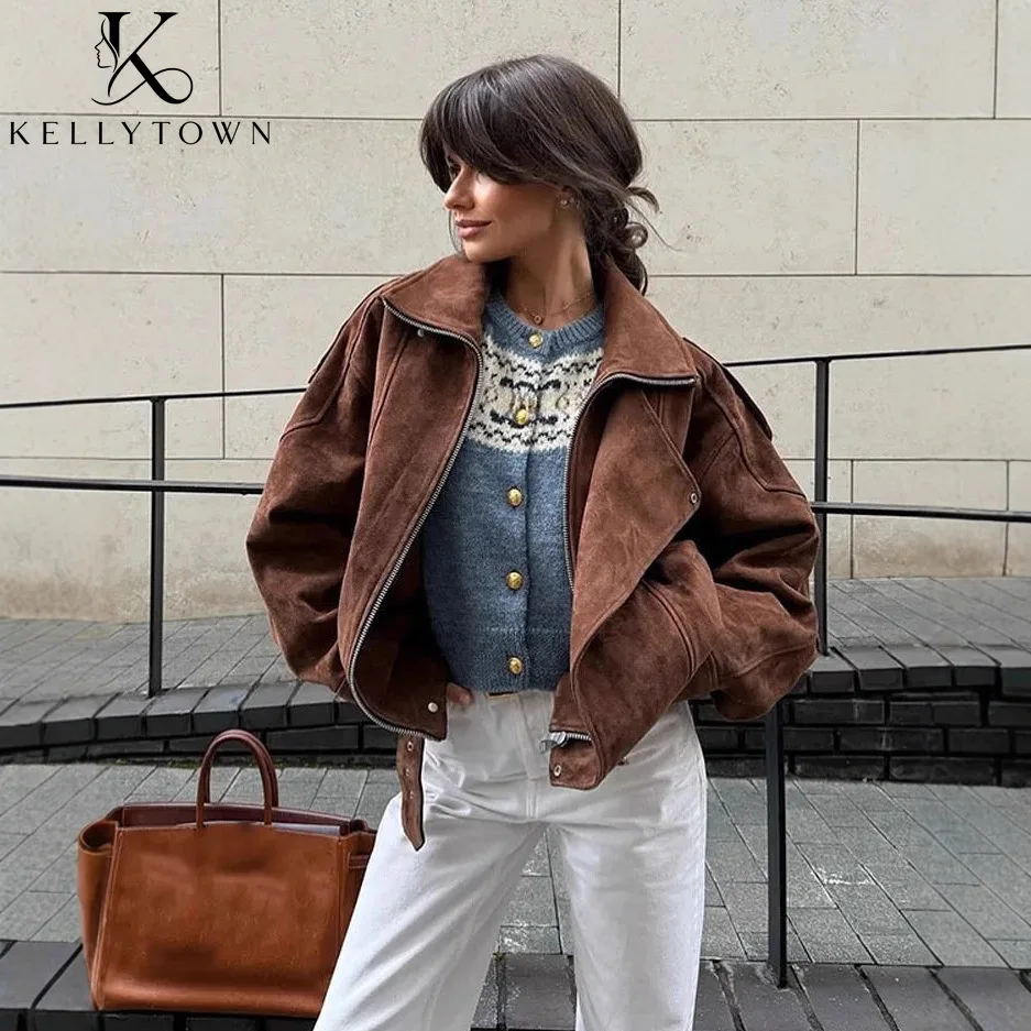 2026 New Faux Suede Oversized Coat Women Zipper Retro Moto Biker Jackets Autumn Winter Streetwear Long Sleeve Tops Outerwear