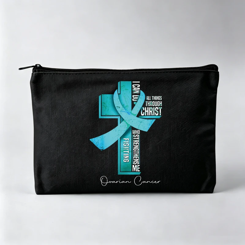 Cross and Ribbon Print Makeup Bag with Typography Design, Casual Cosmetic Storage Pouch for Daily Use