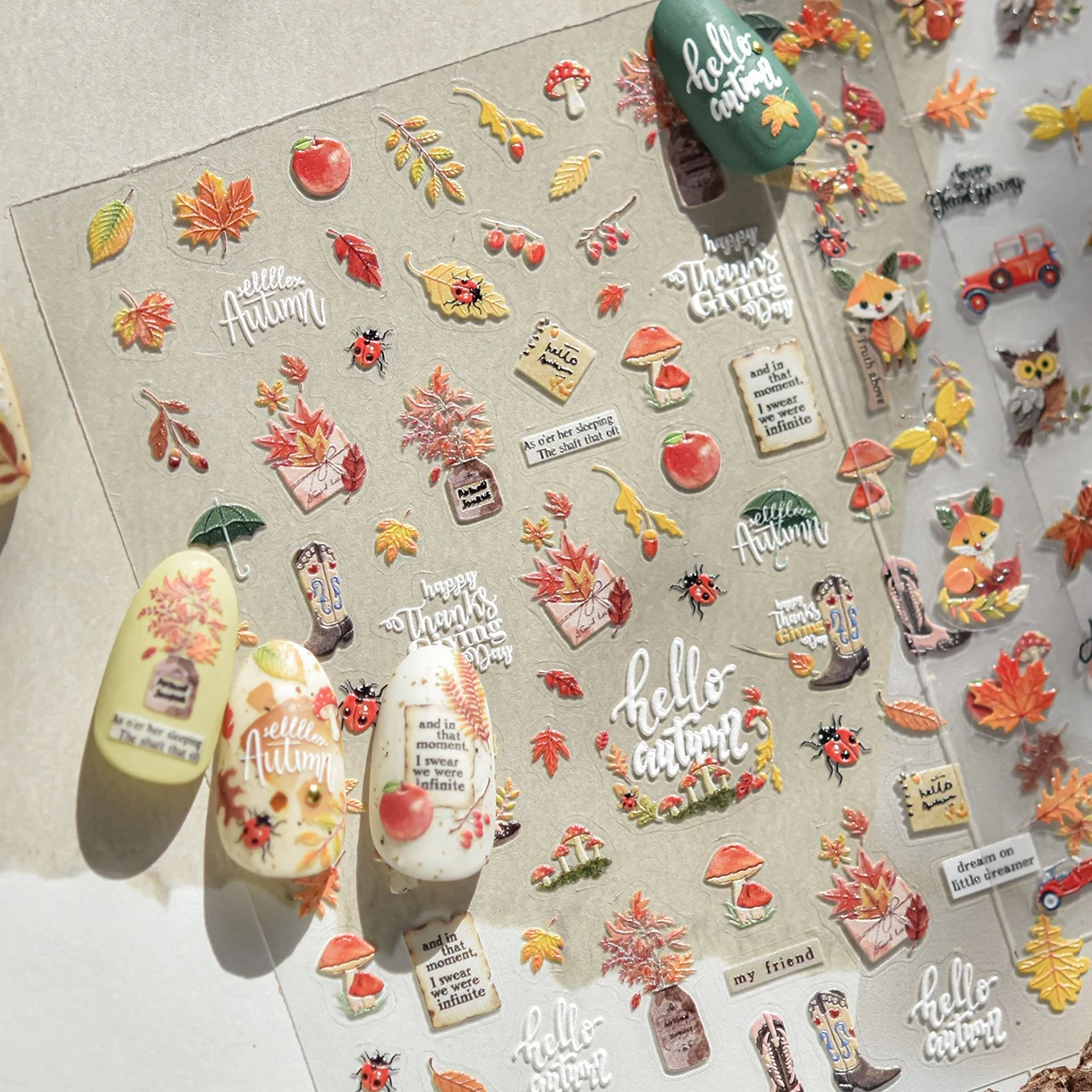 Fruit Pumpkin Dragonfly Fox Mushroom Apple Pinecone Ginkgo Leaf Car Maple Leaves Car Butterfly Nail Art Stickers Manicure Decals