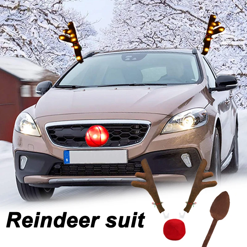 Car Stickers Christmas Decoration LED Reindeer Horn Lamp Nose Light Rudolph Reindeer Antlers Red Nose Ornaments Car Accessories