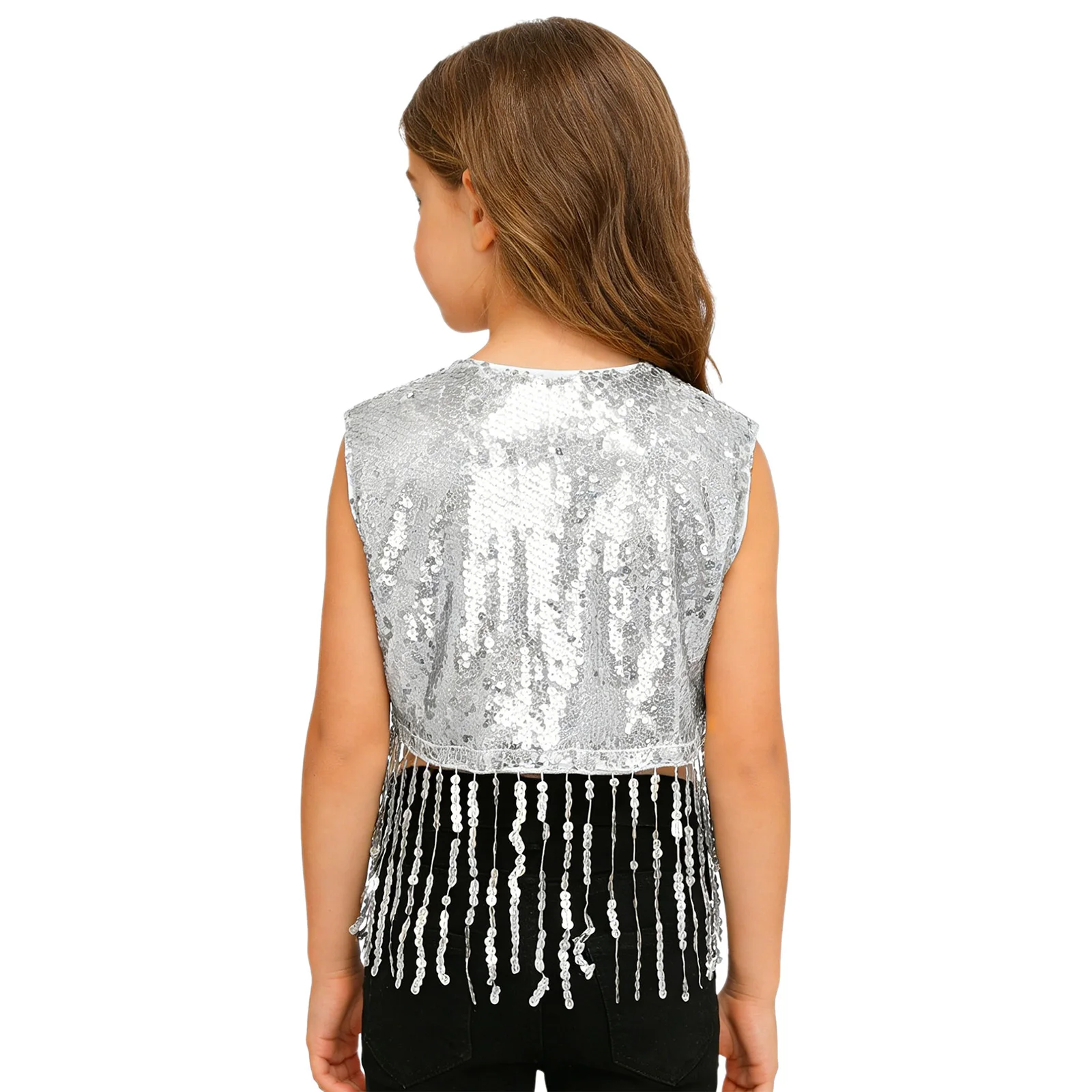 Kids Girls Boys Disco Fringe Waistcoat Jazz Modern Dance Clothes Tassel Sleeveless Sequins Vest School Choir Performance Costume