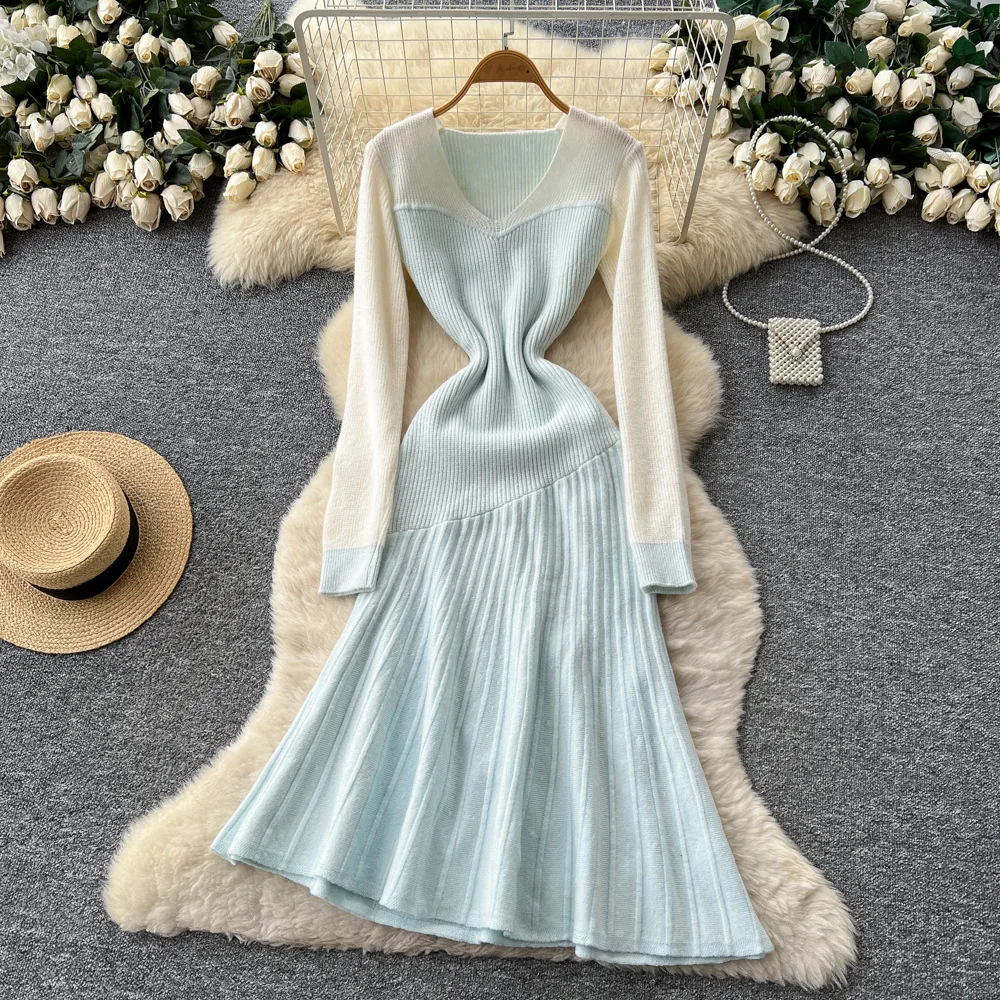 

Women Dresses Knitted Dress Asymmetrical Spliced V Neck Ankle Length Long Sleeves Cinched Waist Casual Office 2025 Autumn Winter