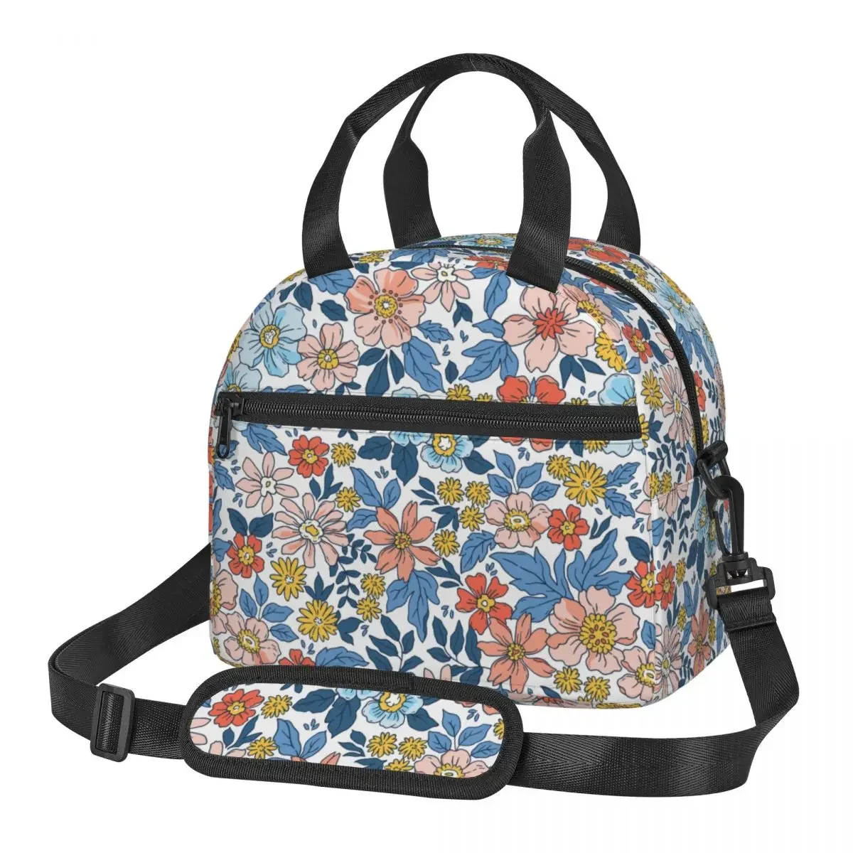 Boho Elegant Floral Flower Accessories Large Insulated Lunch Bags With Adjustable Shoulder Strap Cooler Thermal Bento Box