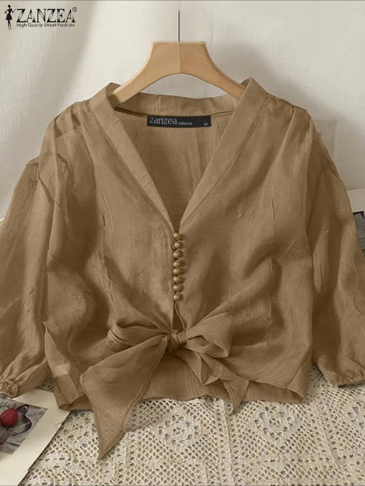 Blusa de gasa Vintage 3/4 Tops de manga acampanada ZANZEA 2025 moda mujer Blusas con cuello en V túnica de Color sólido Jersey suelto Casual