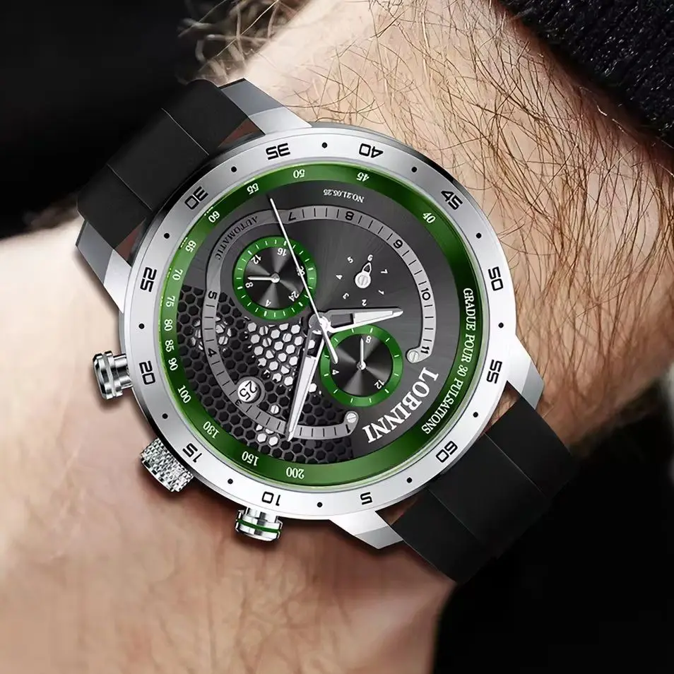 LOBINNI Men Automatic Watch 42mm Mechanical Wristwatch 50m Waterproof Sapphire Mirror Multi-Dial Month, Week, Date, 24 Hours