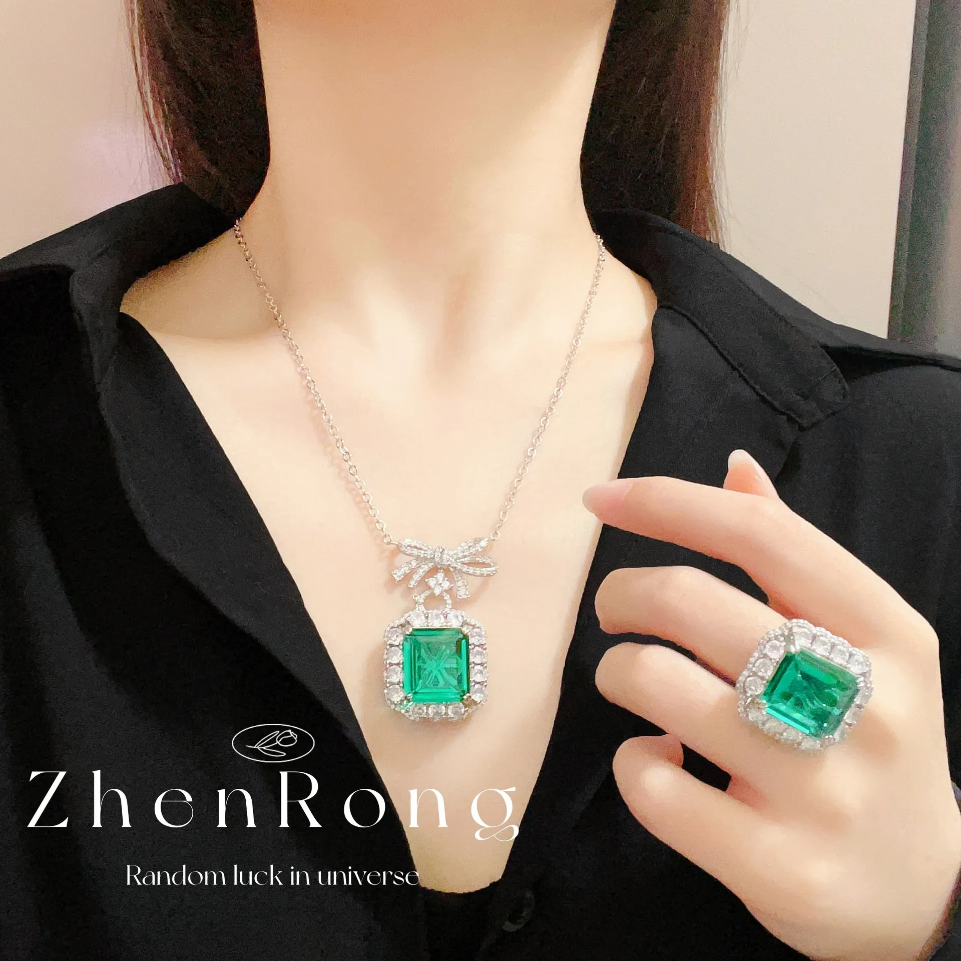 S925 sterling silver necklace new emerald bow pendant necklace sugar cube ring stud earrings set