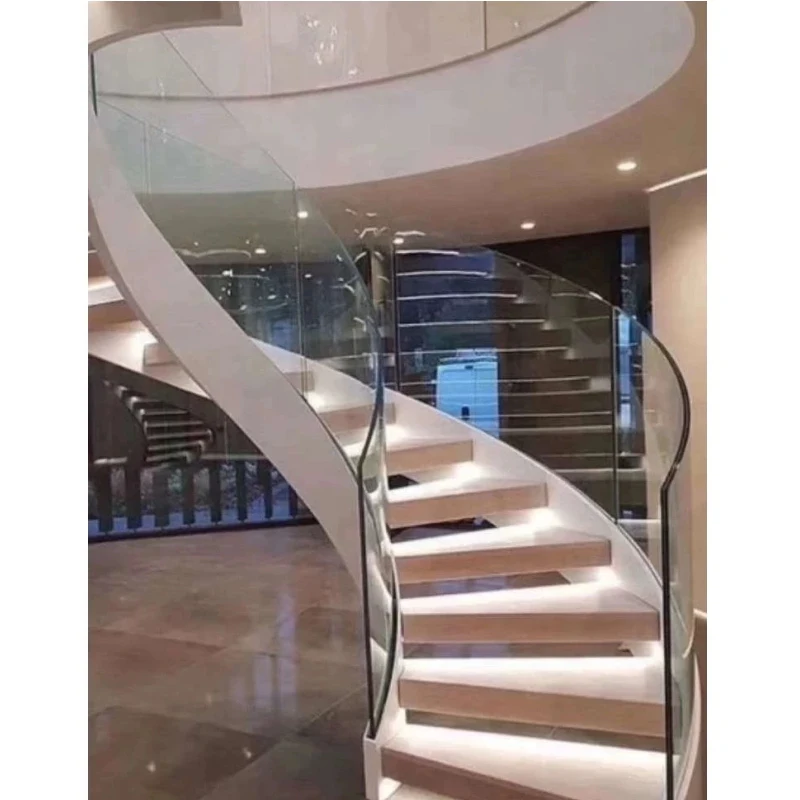 custom.Top Grade Prefab Carved Stairs Oak Wood Loft Fiberglass Tempered Glass Circular Staircase with Led Light