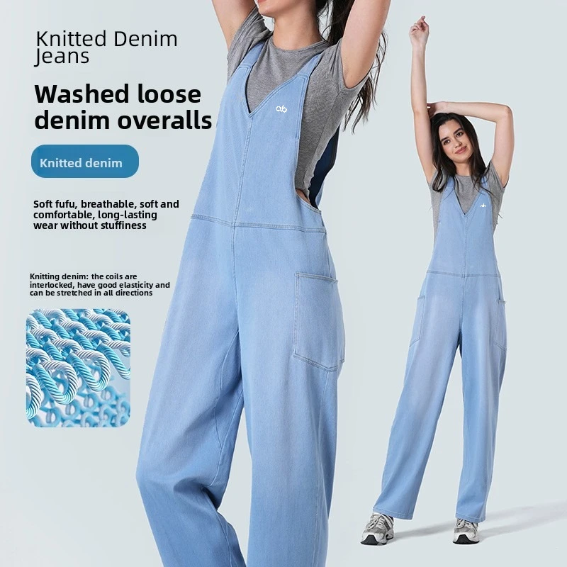 Women Knit Denim Bib Overalls High Stretch Loose Slim Whisker Wash Large Pockets Adjustable Straps Casual Streetwear Jumpsuit