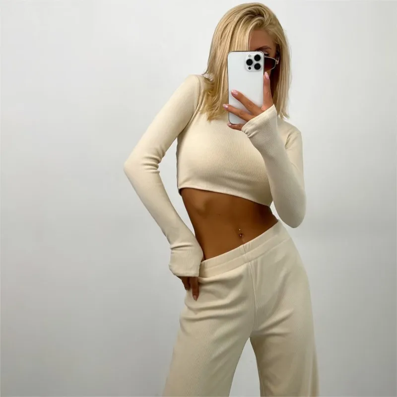 Spring Autumn Women's Casual 2-Piece New Solid Color Style Ribbed Long Sleeve Short Top + Long Pants Fashion Set Костюм Женский