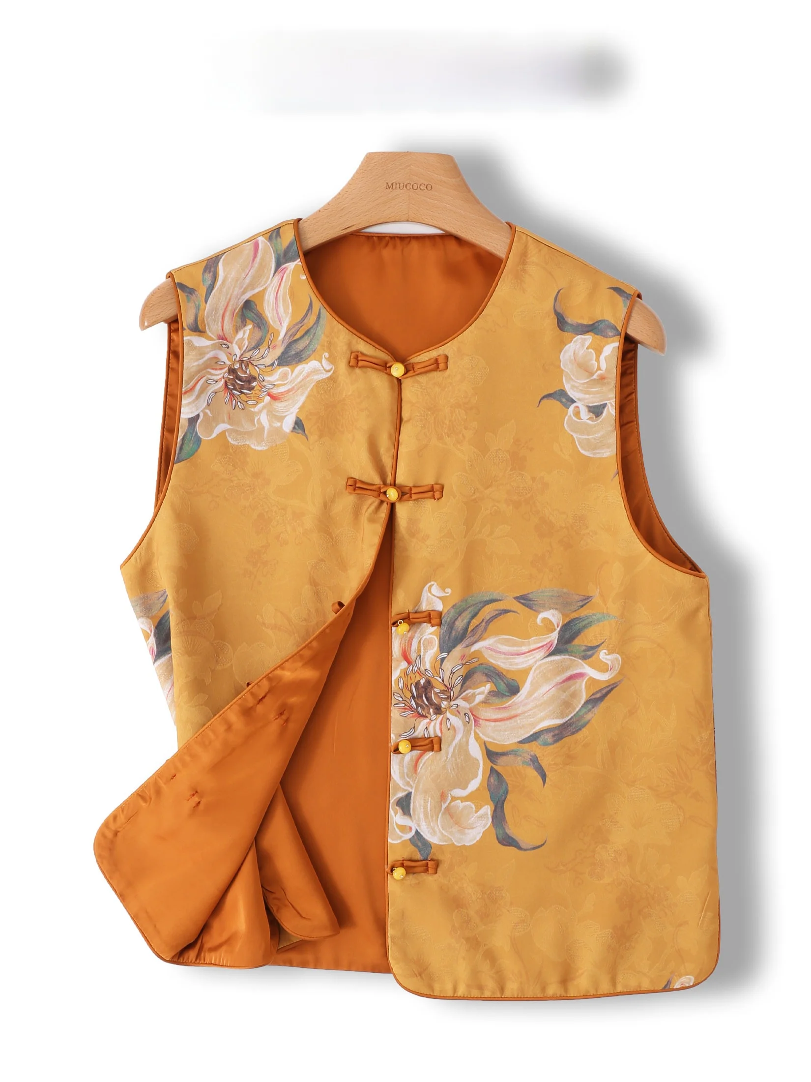 

New Chinese Style Yellow Embroidered Silk Women's Vest Jacket Traditional Floral Print round Neck Single Button Closure Regul...