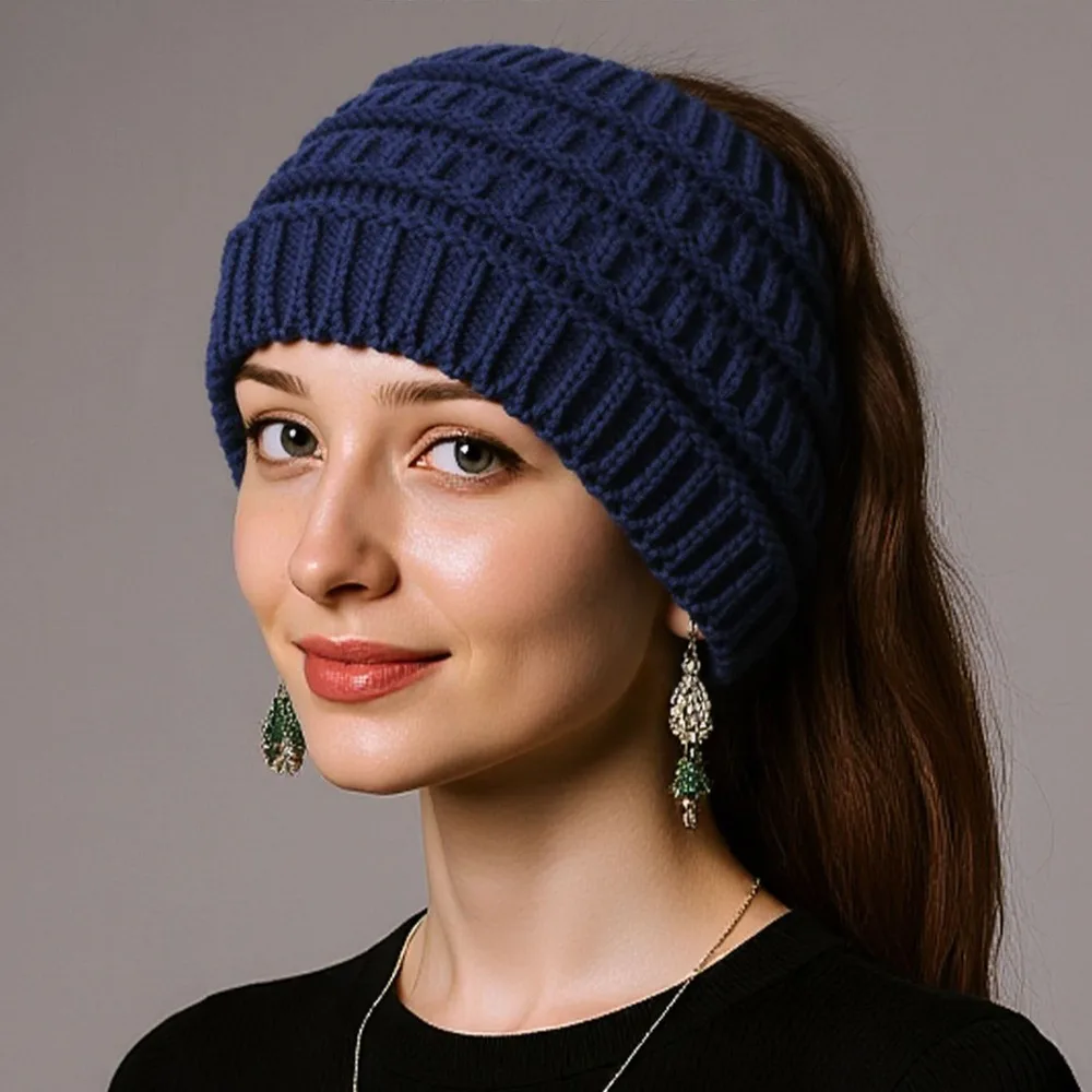 

Warm Solid Color Ponytail Beanie Hat Thicken Headwear Women's Hat Ear Protection Knitting Headband Autumn