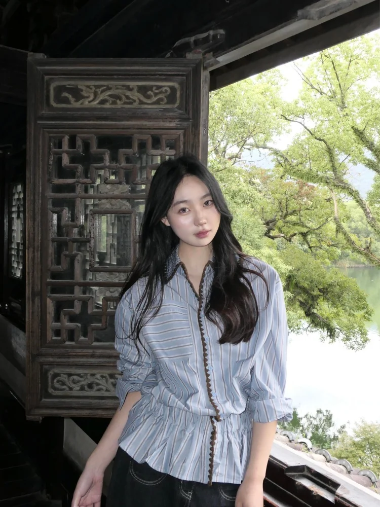 

Trendy Korean Striped Loose Shirt Fashionable Long Sleeve Women's Shirt Comfortable All-Match Top Quality Material Commute Style