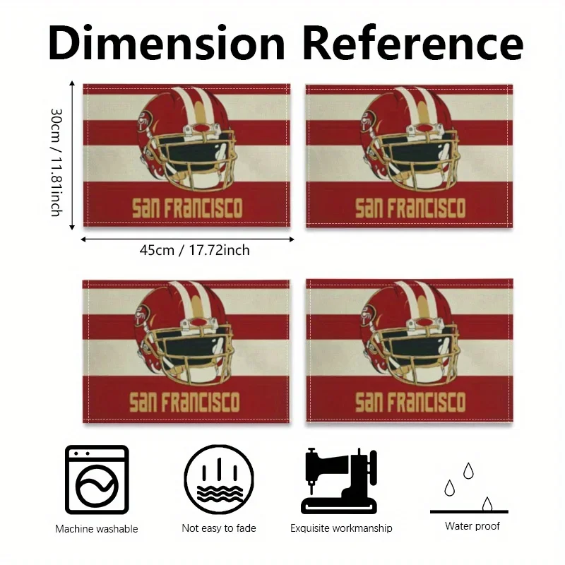 4 قطع من مفارش سان فرانسيسكو 49ers - تصميم مخطط لفريق NFL مع أواني ذهبية وتناول الطعام ومشجعي كرة القدم وديكور الحفلات