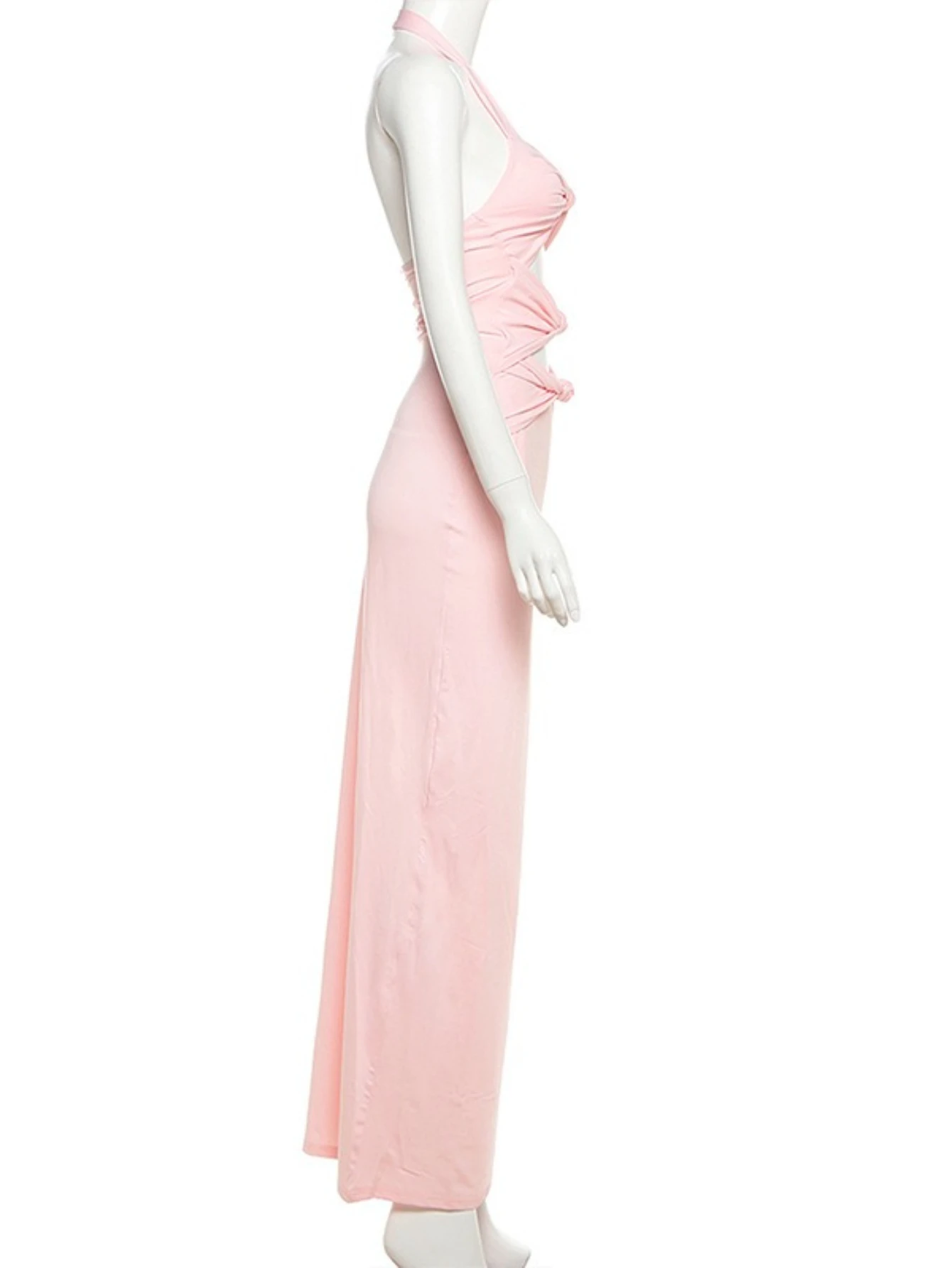 ソリッドカラーのホルターネックカットアウトドレス、セクシーでエレガントなツイストデザイン