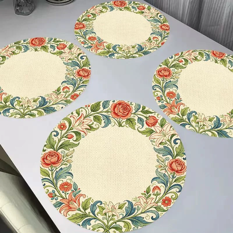 VIKAMA European Retro Round Linen Placemats Heat Resistant Wear-Resistant Washable for Dining Table Kitchen Decor