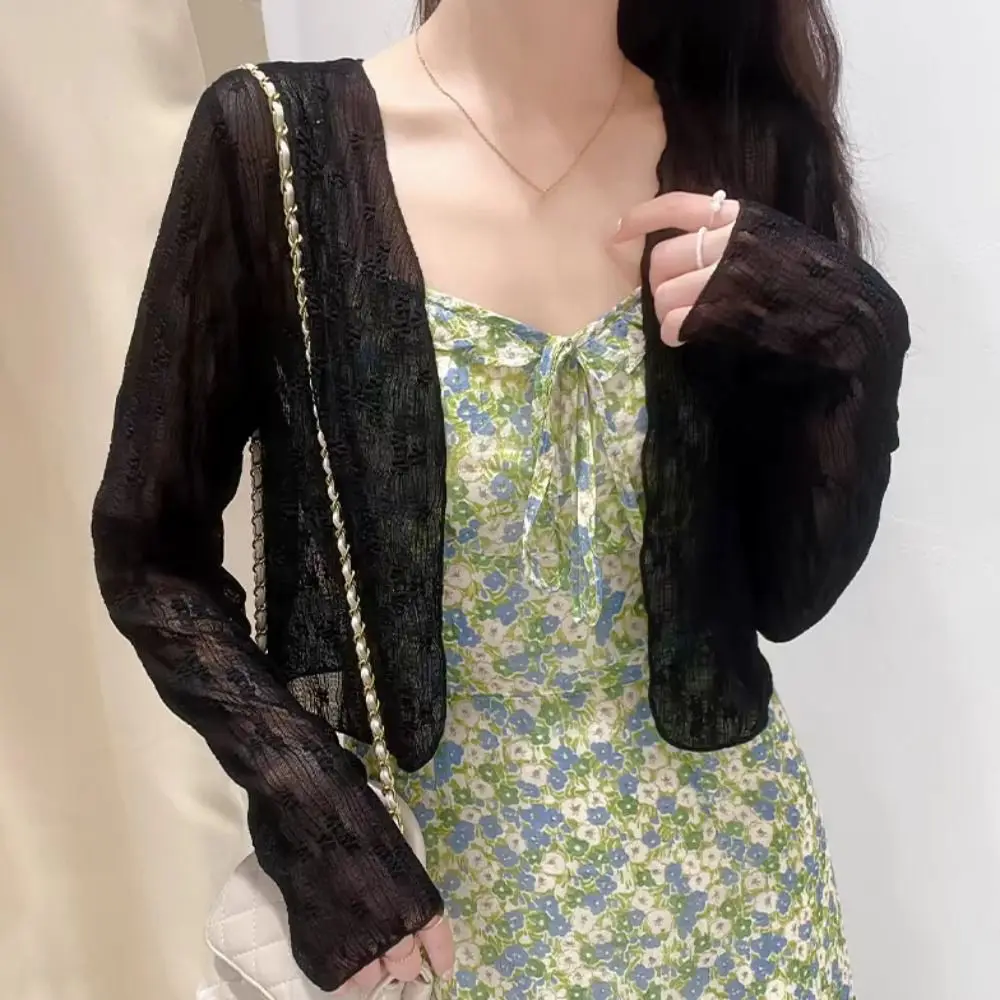 

Floral Lace Up Cardigan See Through Beach Wear Mesh Flower Cardigan French Style Sunscreen Sun Protection Tops Streetwear