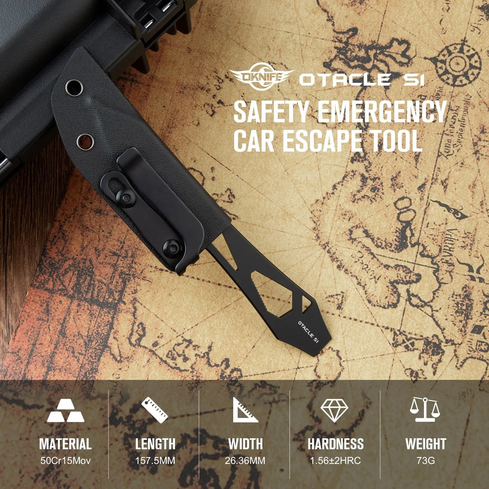 

OKNIFE Otacle S1 4-in-1 Escape Tool - Glass Breaker & Belt Cutter, Titanium-Plated w/Kydex Sheath, for Emergency & EDC