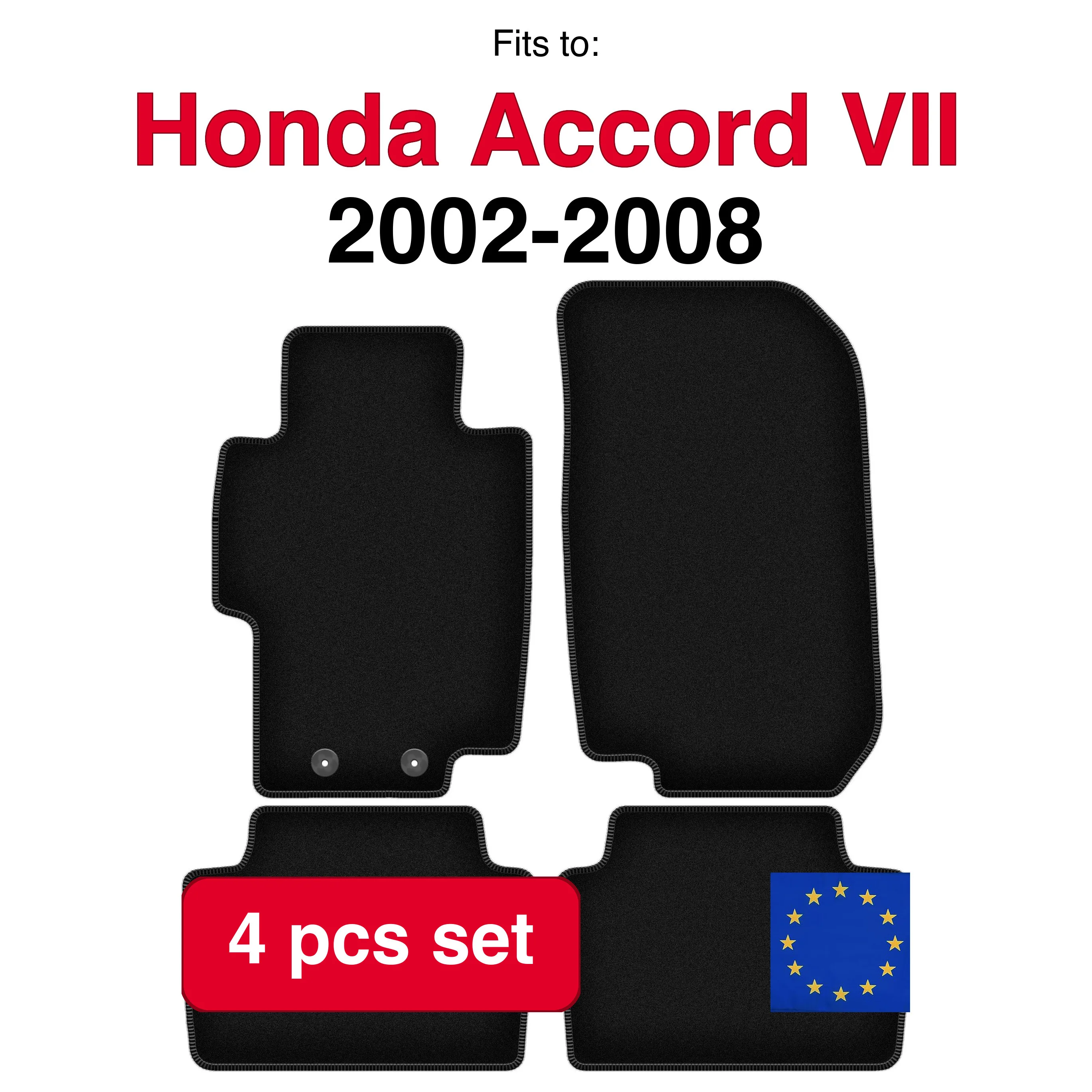 Image of Velour-Teppich-Set für Honda Accord VII Limousine, Kombi, Tourer, Type-S (2002-2008) – Schwarz (4 Stück) passgenaues Auto-Fußmatten-Set