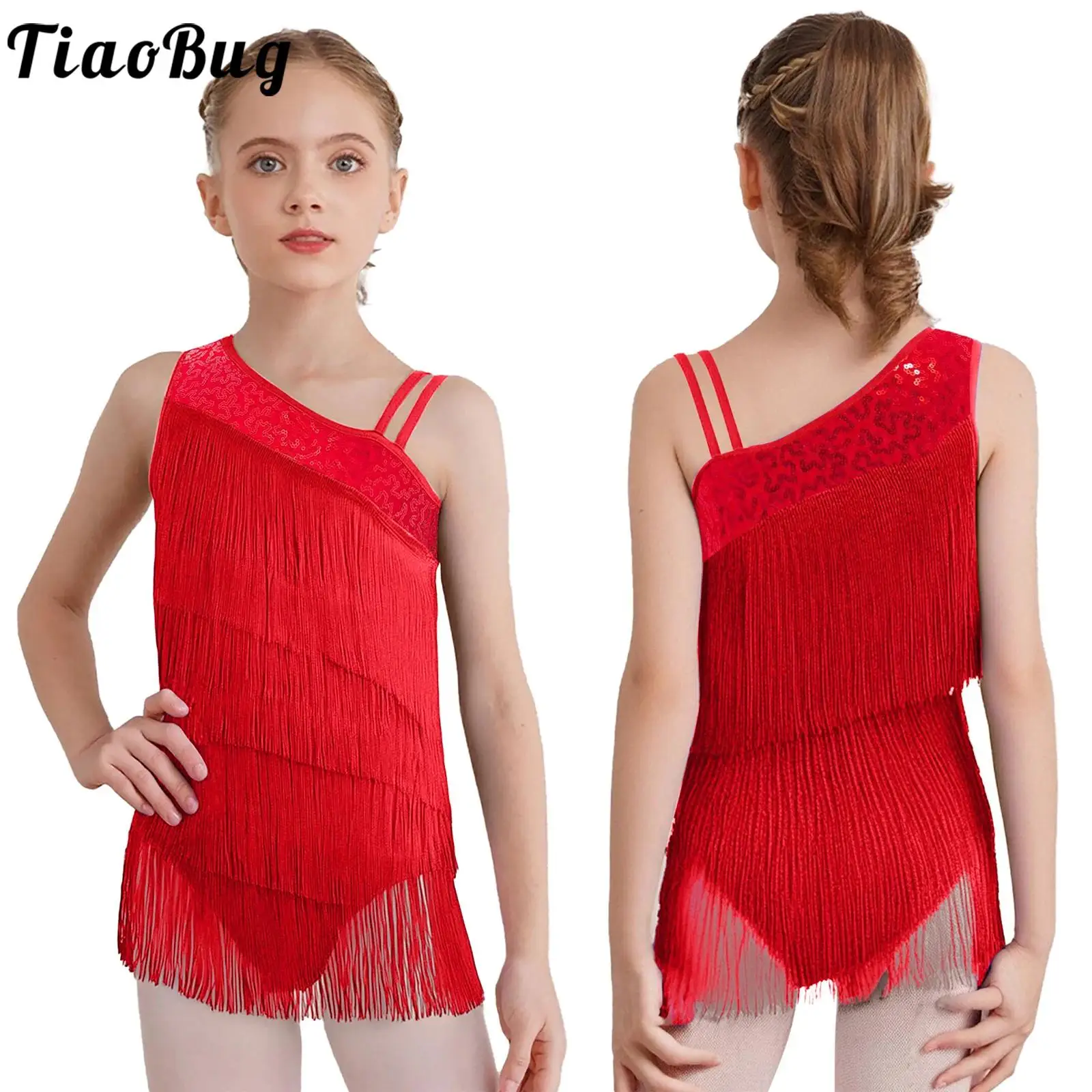 キッズガールズエレガントサルサラテンチャチャダンスパフォーマンスレオタードノースリーブティアードタッセルフリンジラテンルンバダンス衣装