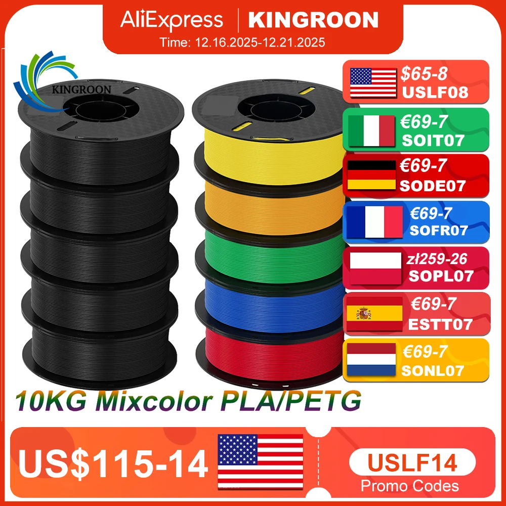 

KINGROON 10KG PLA Filament PETG 3d Filament 1.75mm For 3D Printer Filament Bundle Mixed colors FDM Printing Material Fast Ship