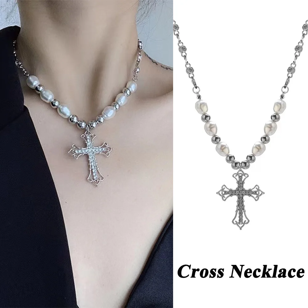 Exquisite Rhinestone Cross Pendant Necklace Punk Unisex Pearl Necklaces Hip Hop Choker Clavicle Chain Party Jewelry Friend Gifts