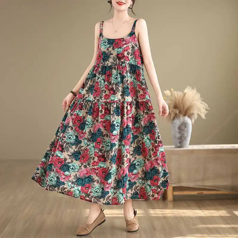 

Loose Cotton Linen Long Dress plus Size Women's Print Strapless Gown Street Style Midi Skirt T-Shirt Dress for Middle-Aged Women