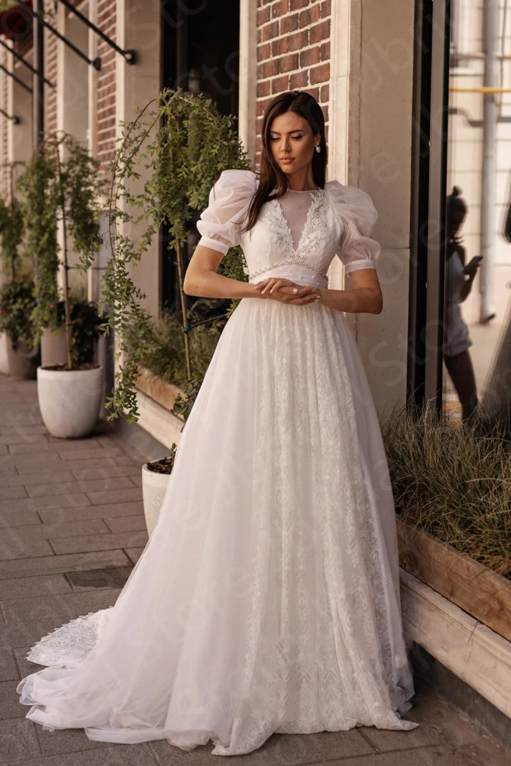 Vestidos de novia de encaje de princesa, vestidos de novia de manga corta con burbujas blancas, perlas de Espalda descubierta, vestidos de novia con cinturón de lazo 2023