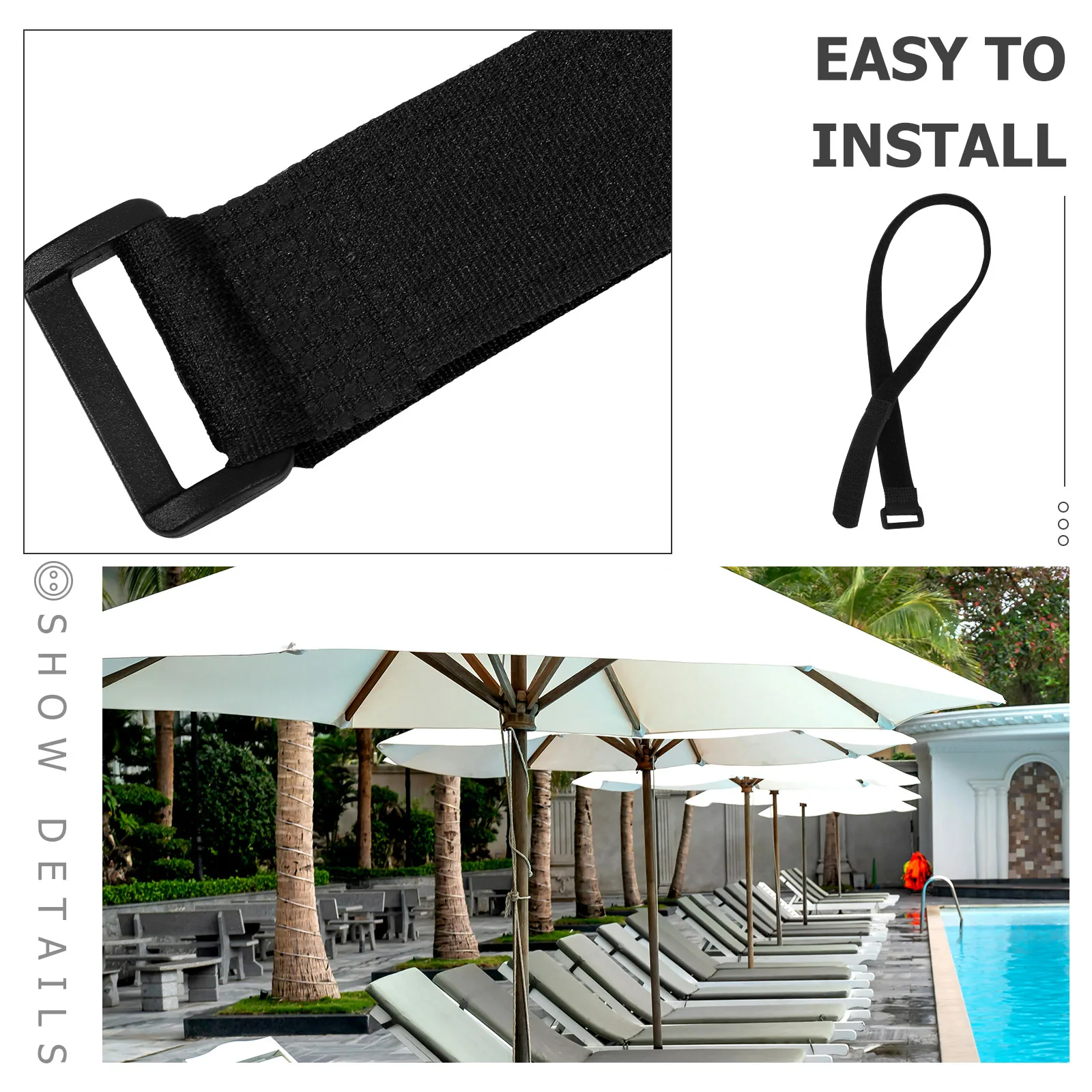 

6pcs Patio Umbrella Fixing Straps 25mmx600mm Black Adjustable Tie Belts for Garden Outdoor Travel Lightweight