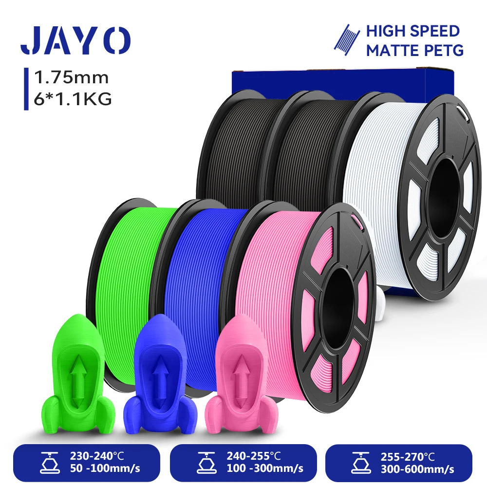 JAYO PETG 3D-Filament 1,75MM Hochgeschwindigkeits-Mattes PETG 3D-Drucker-Filament 6 Rollen High-Flow Speedy Matte Effekt 3D-Druckmaterialien