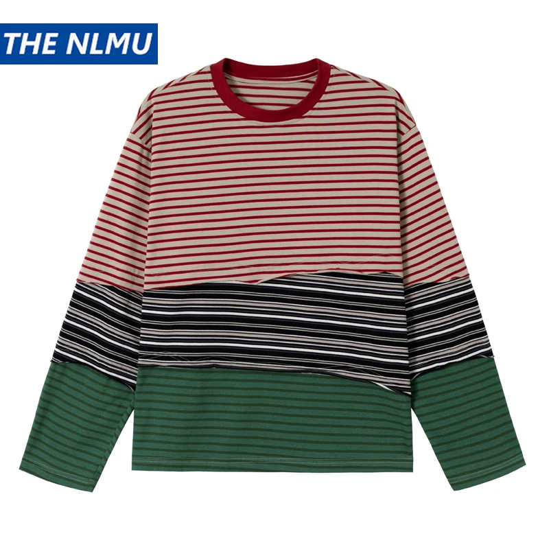 Unisex Oversized Patchwork Color Block Striped Long Sleeve T-Shirt Casual Loose Fit Top Men Women Streetwear Tshirt