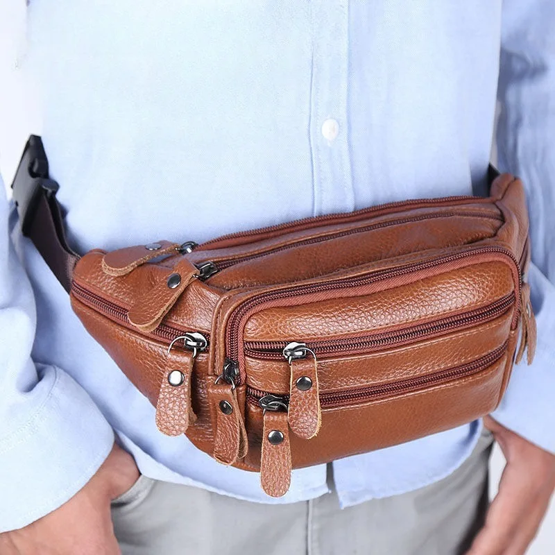 Riñonera de piel auténtica para hombre, bolsa de cuero de vaca, impermeable, de gran capacidad, con cremallera, para teléfono y viaje