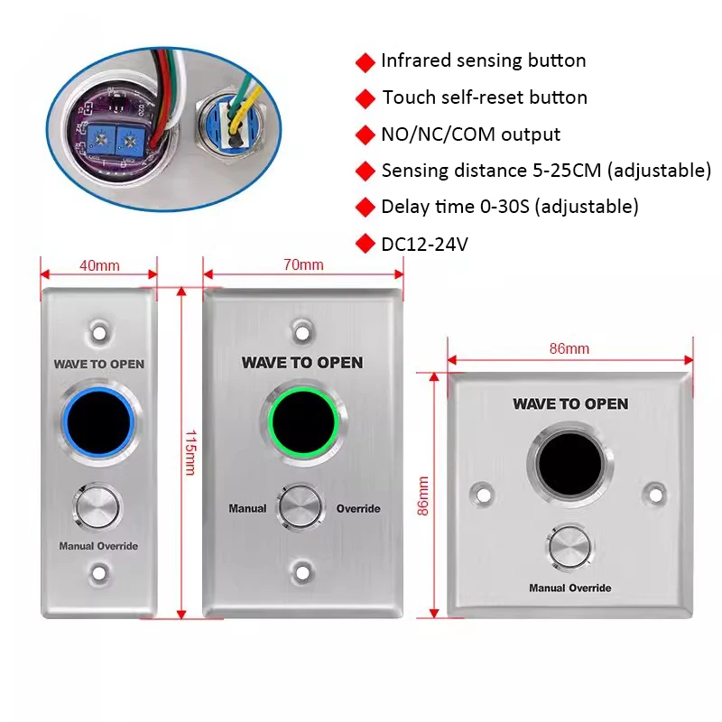 12V/24V Infrared Sensor Switch No Touch Contactless Door Release Exit Button with LED Indication No Touch Exit Switch for Access