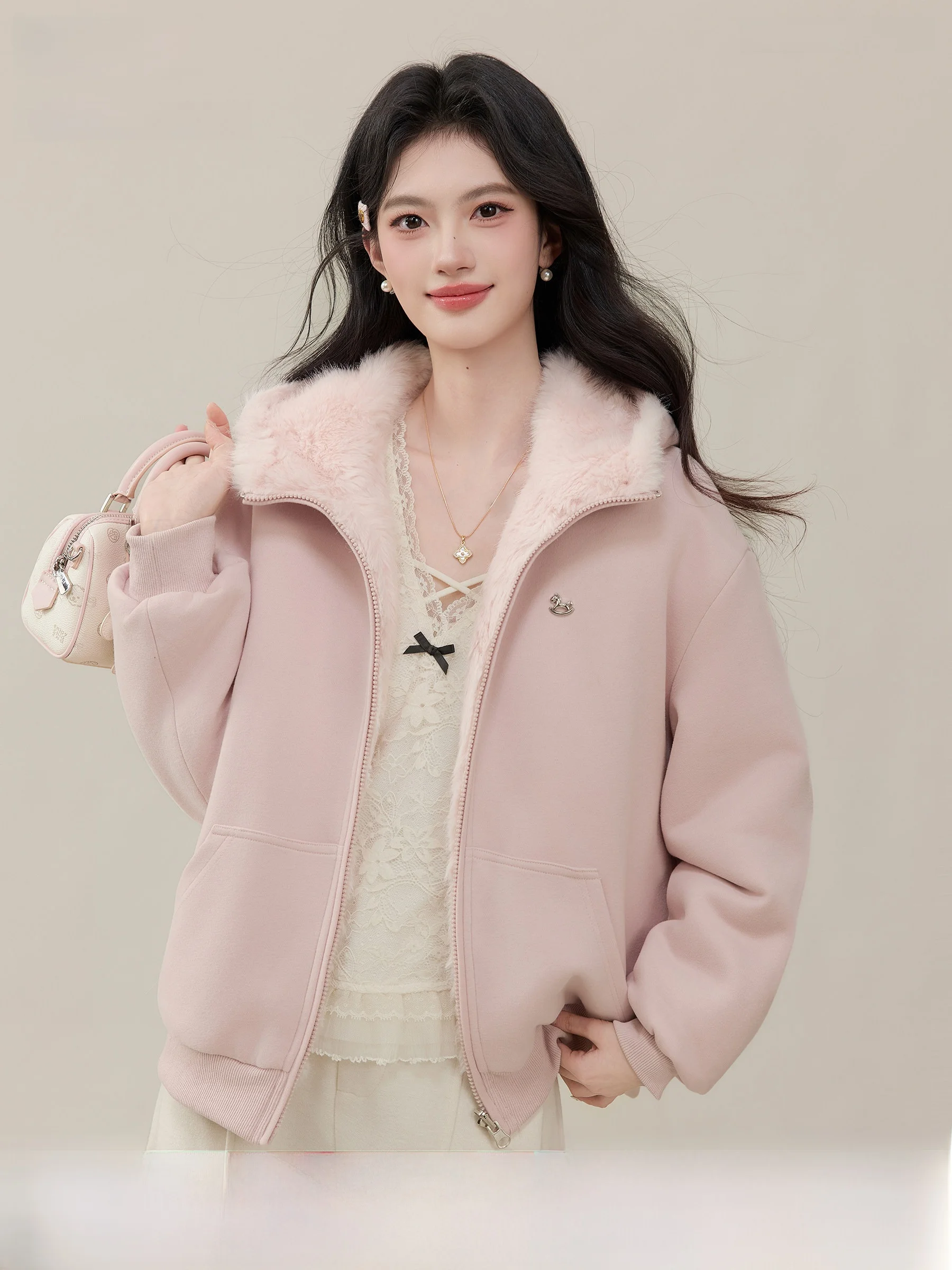 

Pink Hooded Sweatshirt Women's Thickened Spring New Style Small Size Fur Outerwear Casual Style Standard Version Zipper Closu...