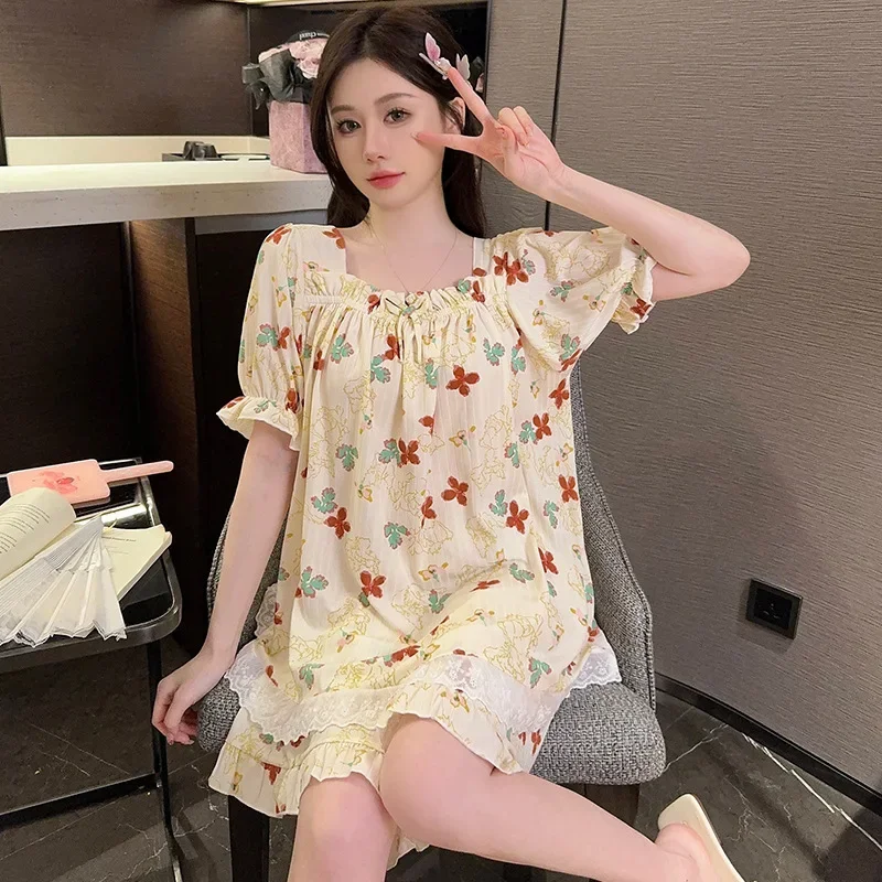 110kg Plus Size Women 2Ps/set Pajamas Korean Sweet Cartoon Print Sleepwear Summer Student Short Slleve Tops and Short Housewear