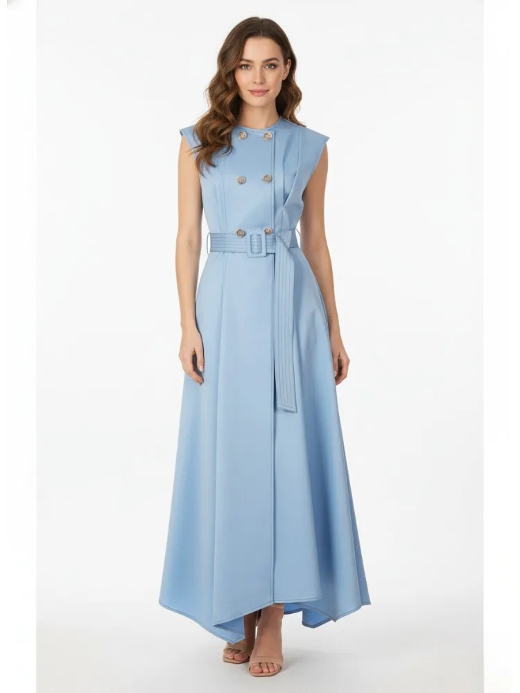 Robe mi-longue plissée sans manches, Double boutonnage, ceinturée, élégante, couleur unie, ligne a, robes de soirée, nouvelle collection été 2025