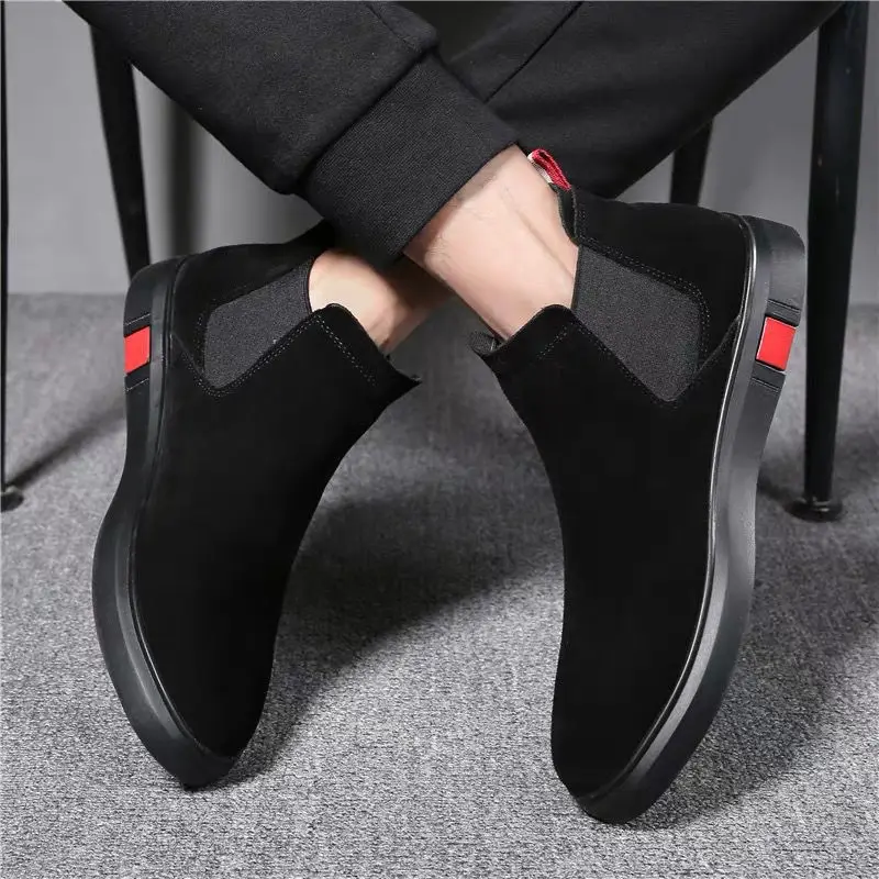 men fashion chelsea boots black brand designer shoes party banquet dress cowboy ankle boot cow suede leather flats ankle botas