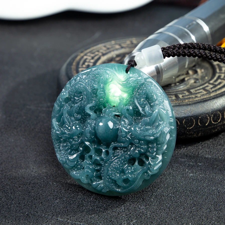 

TIMESWIND Natural Authentic A-Type Jade Jewelry Blue Double Dragons Playing Bead Round Men Necklace with Certificate