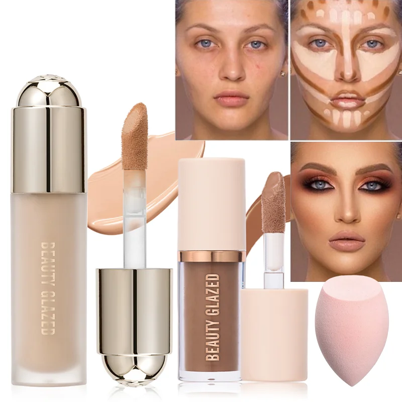 مجموعة مكياج للوجه مكونة من 3 قطع/مجموعة من بيوتي جلاز، كونسيلر + كونتور + منتفخة مسحوق، تغطية كاملة غير لامعة مقاومة للماء تدوم طويلاً
