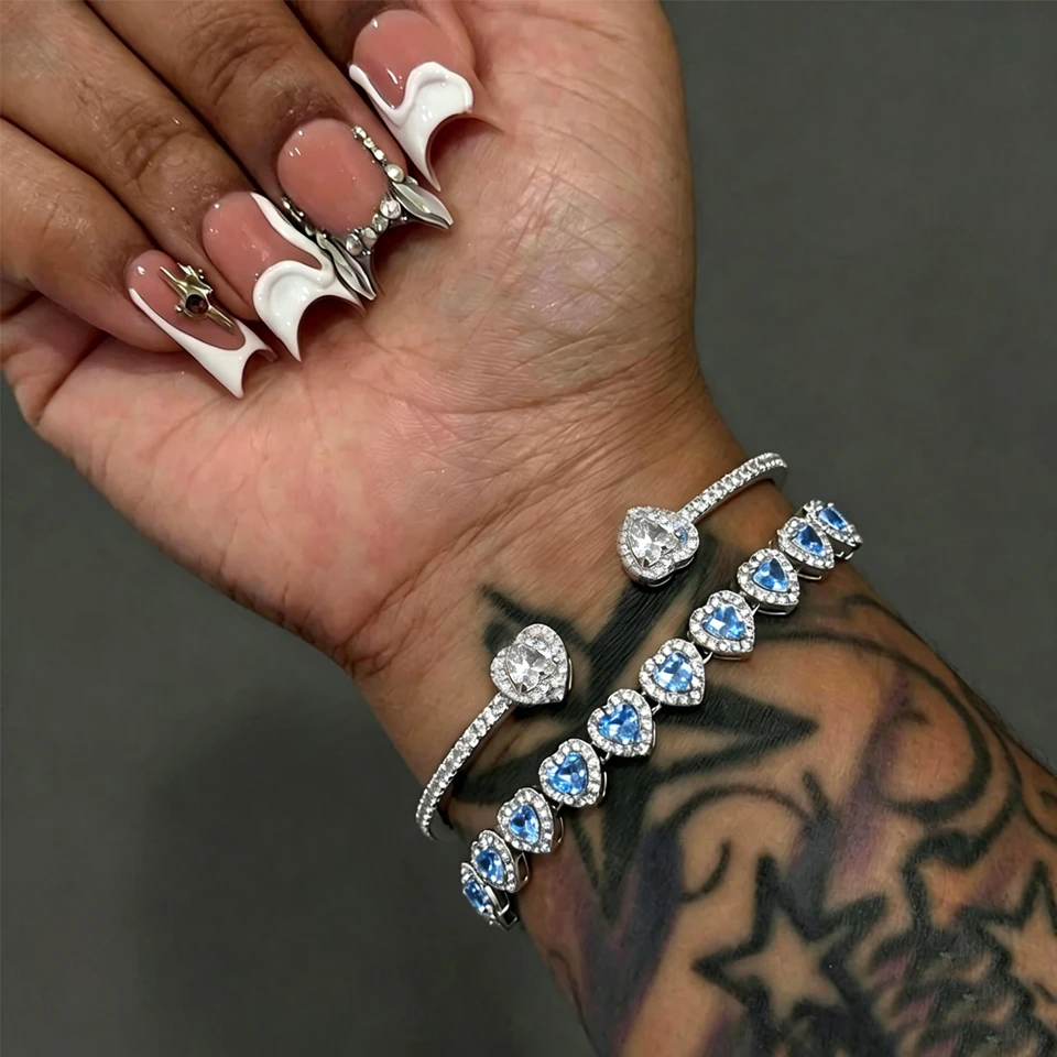 Yupsk 2 Stück/Set Rosa Blaues Herz Strass Tennis-Armband Gestapelter Schmuck für Frauen Mode Personalisierte Tägliche Accessoires – Detail 4