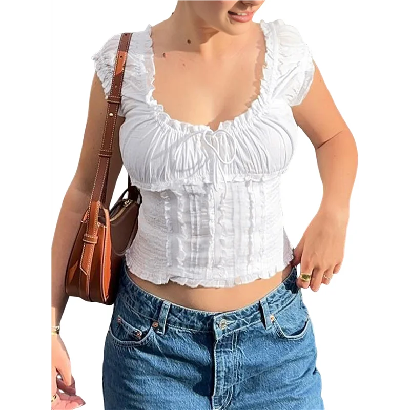 

ABP-Womens Short Sleeve Crop Top With Lace Trim Shirt Boho Tie Front Ruffle Tank Tops