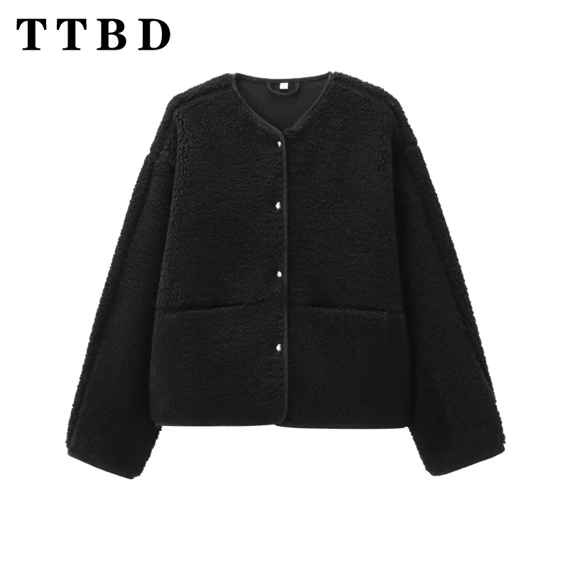 TTBD 2024 Autumn Winter New Women's Round Neck Solid Color Comfortable Fashion Teddy Fleece Jacket