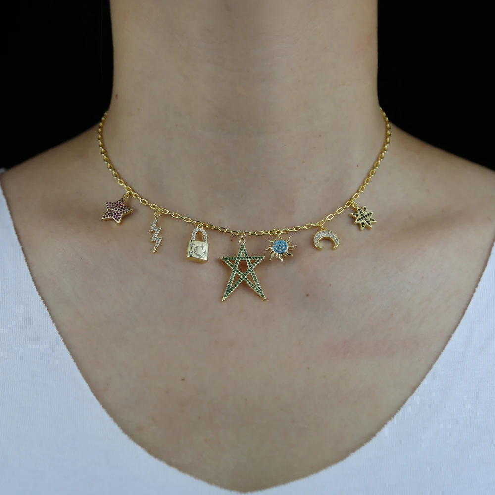 New Star Moon Lock Charm Necklace Paved Different Shape Cubic Zirconia Gold Silver Color Brass Pendant Necklaces Fashion Jewelry