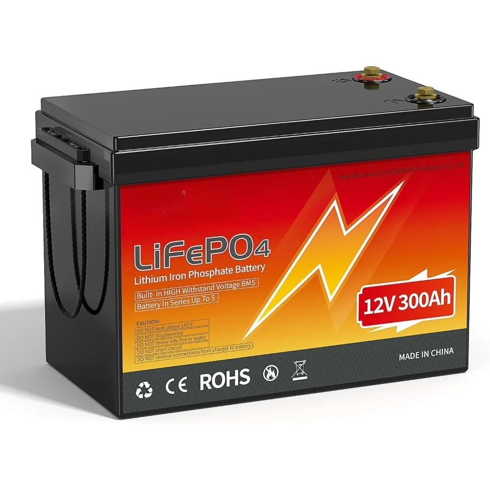 300Ah Lifepo4 Battery,12V Lithium Battery 3840Wh, 200A BMS Lightweight Small for RV, Solar System, Marine, Off-Grid Appliances